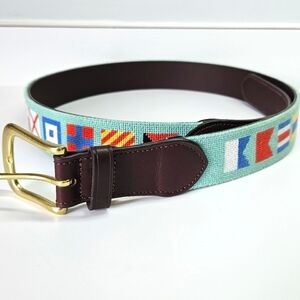 Harding Lane Nautical Flag Handmade Needlepoint Belt Mint Green Leather Men's 36